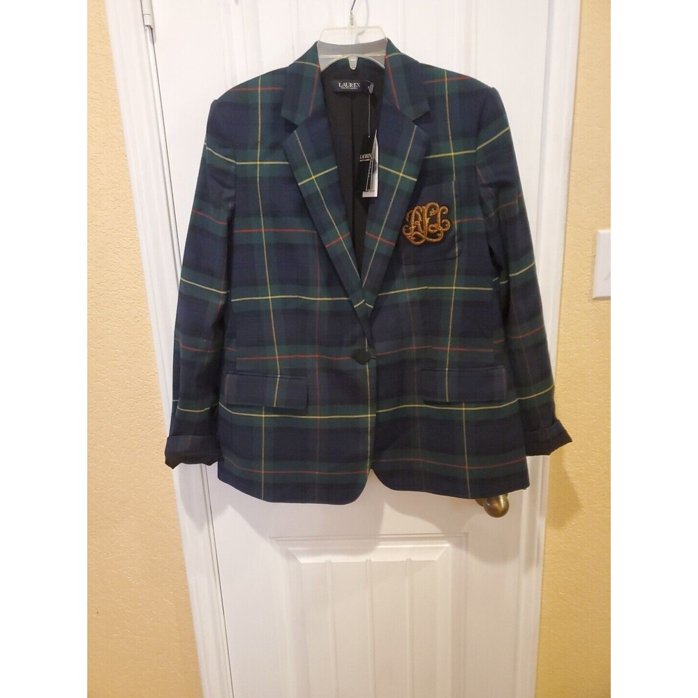 Lauren Ralph Lauren Navy Green Plaid Blazer with Gold Monogram - Picture 4 of 15